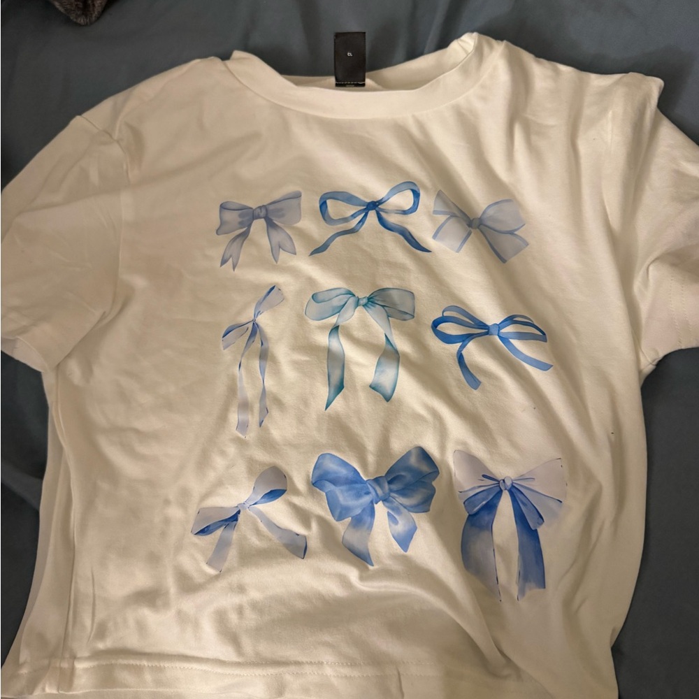 Kids White and Blue Bow Print T-Shirt